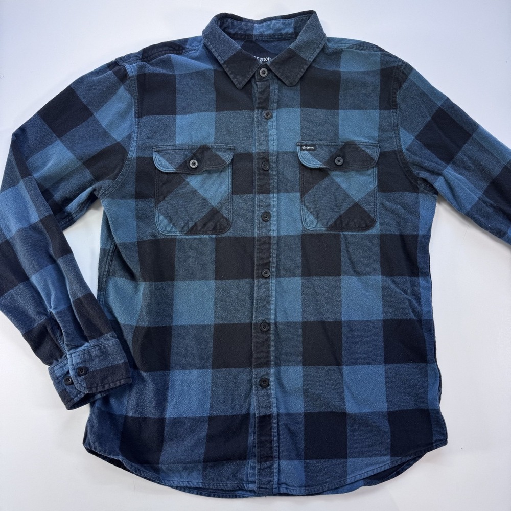 BRIXTON Bowery Long Sleeve Flannel Shirt TealBlue Plaid Buffalo Check Men Medium
